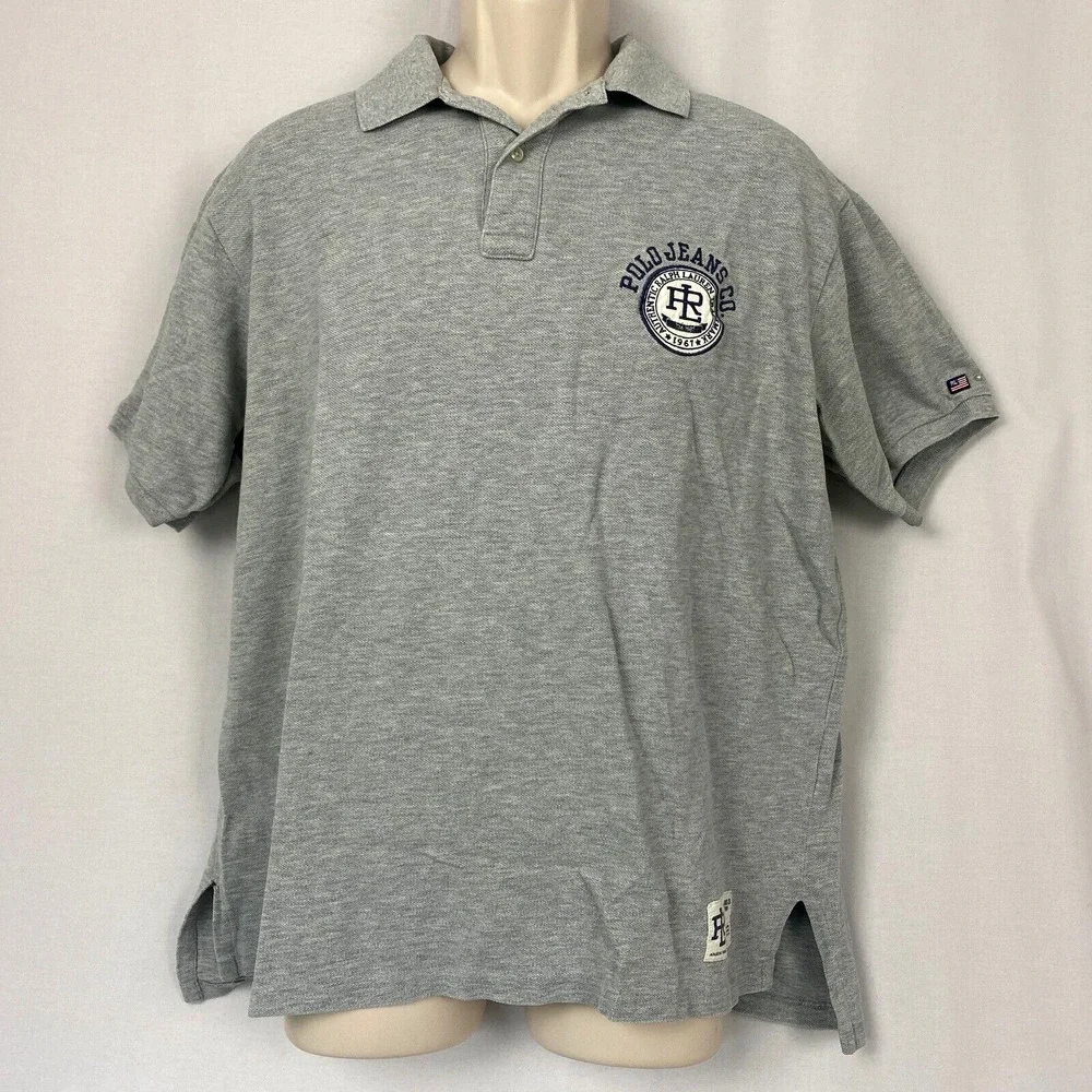 Vintage‎ Polo Ralph Lauren Shirt Medium Mens Cookie Patch Logo Jeans Co Gray 90s